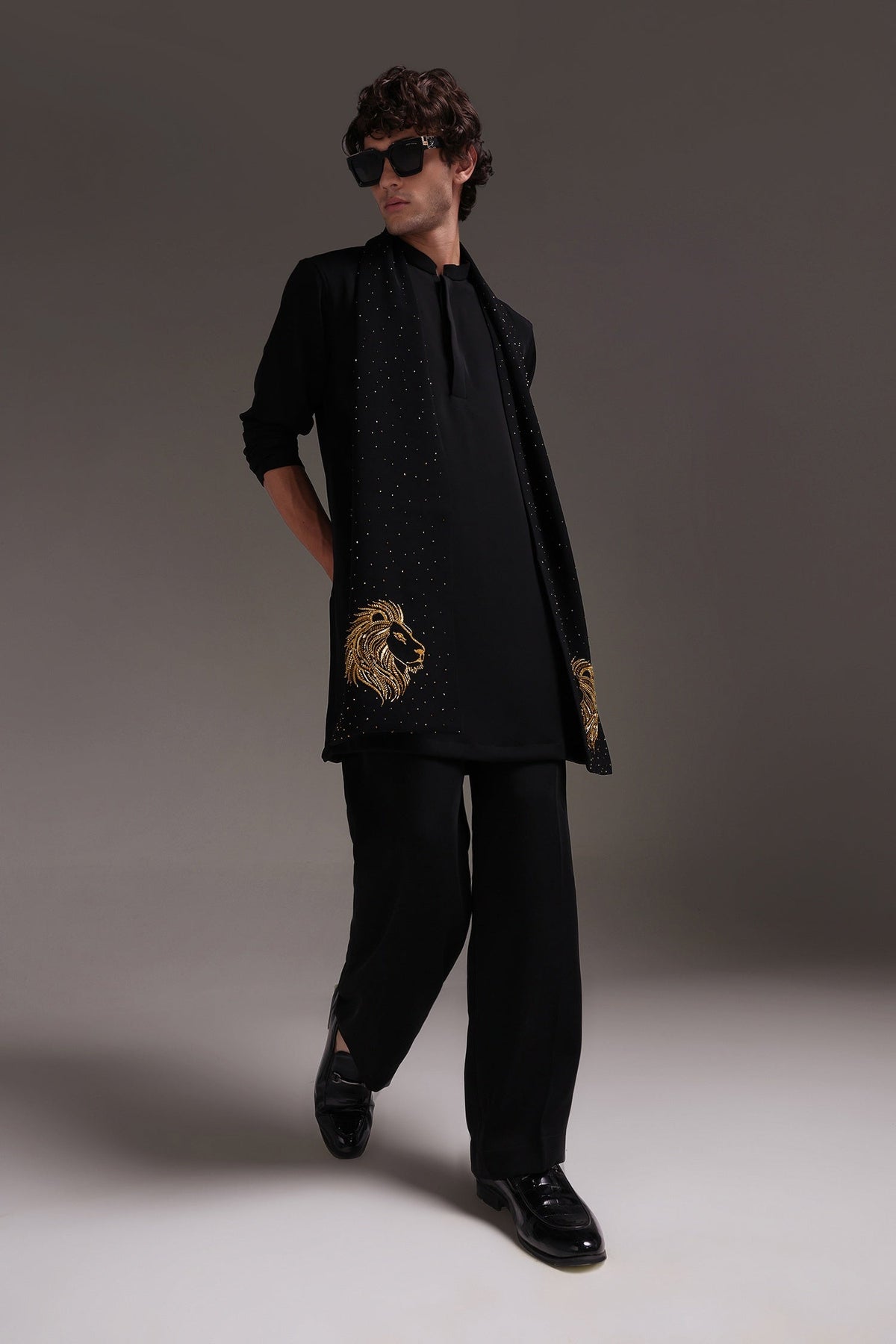 Lion - Hand Embroidered Designer Shawl - Black