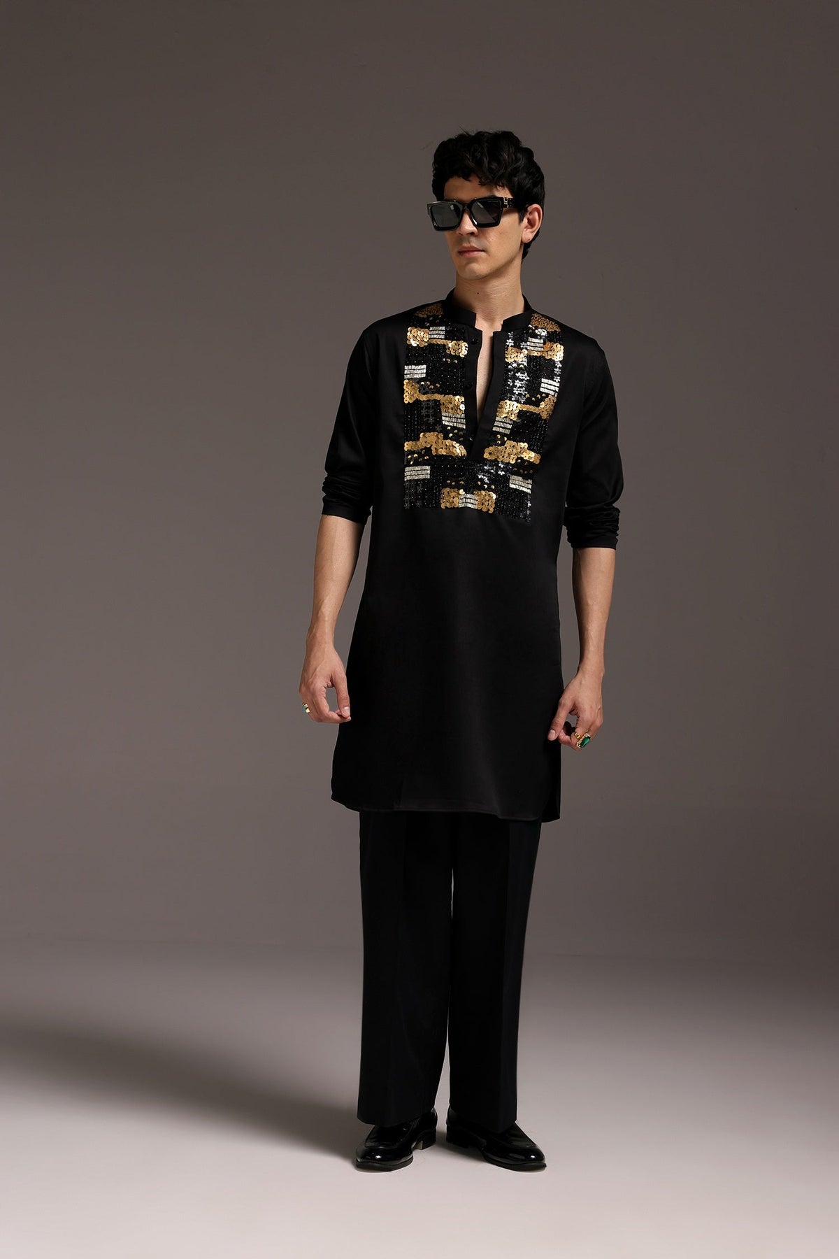 Starlit Patch - Hand Embroidered Designer Kurta - Black