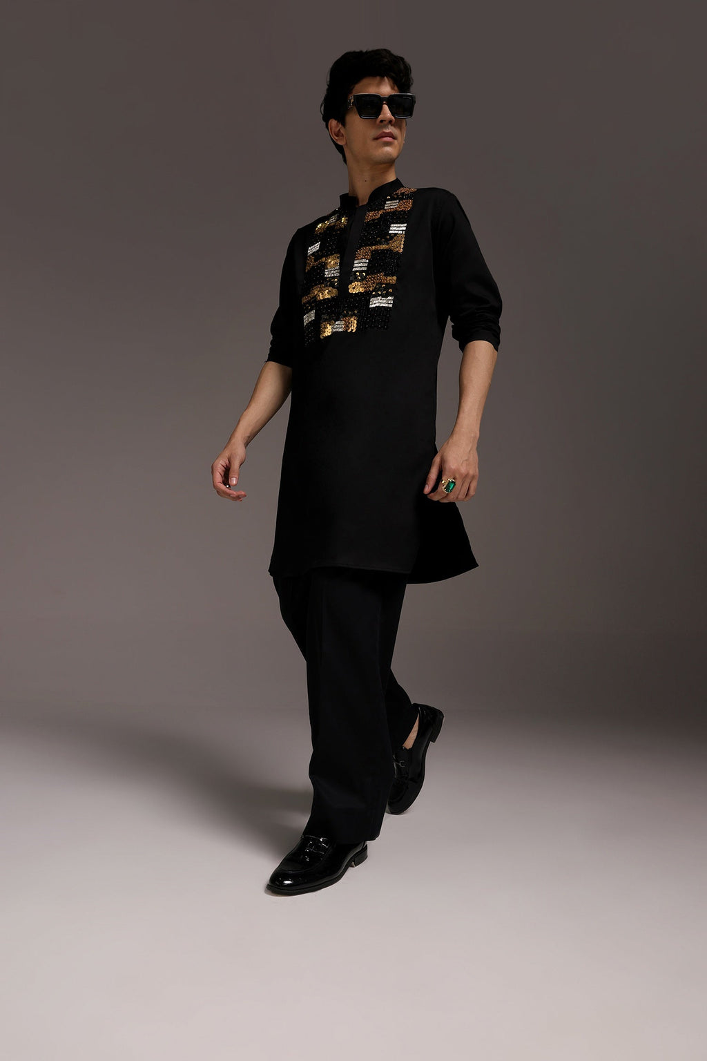 Starlit Patch - Hand Embroidered Designer Kurta - Black