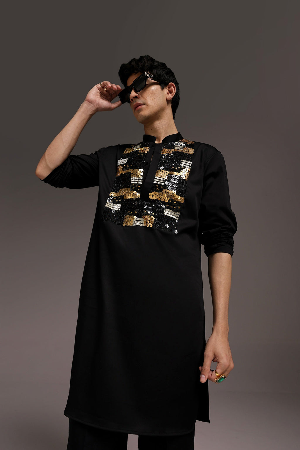 Starlit Patch - Hand Embroidered Designer Kurta - Black