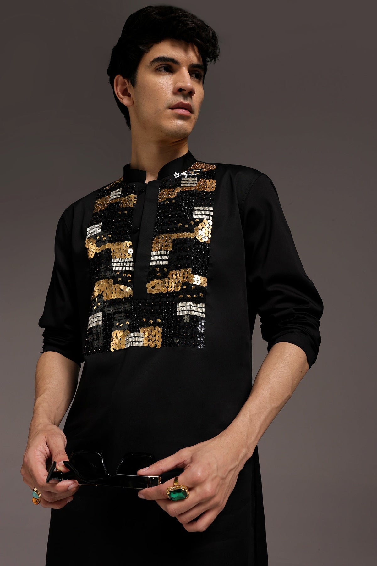 Starlit Patch - Hand Embroidered Designer Kurta - Black