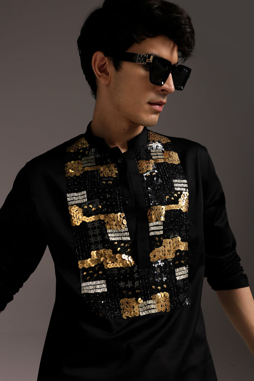 Starlit Patch - Hand Embroidered Designer Kurta - Black