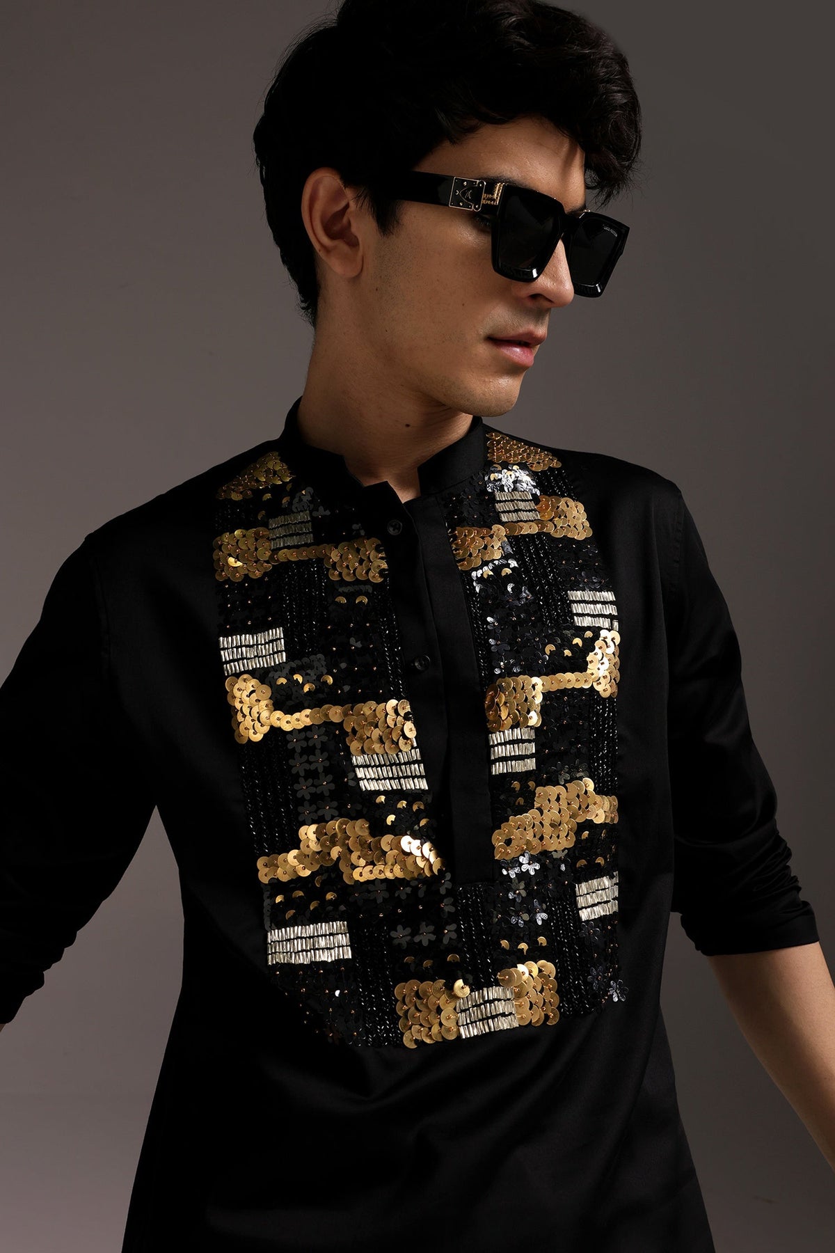 Starlit Patch - Hand Embroidered Designer Kurta - Black