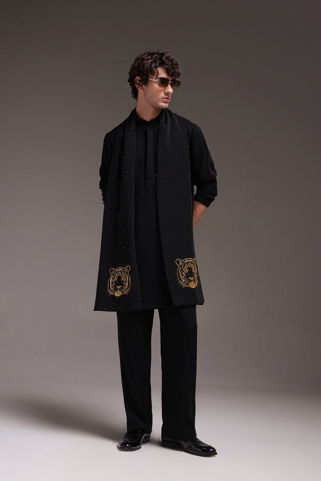Tiger - Hand Embroidered Designer Shawl - Black