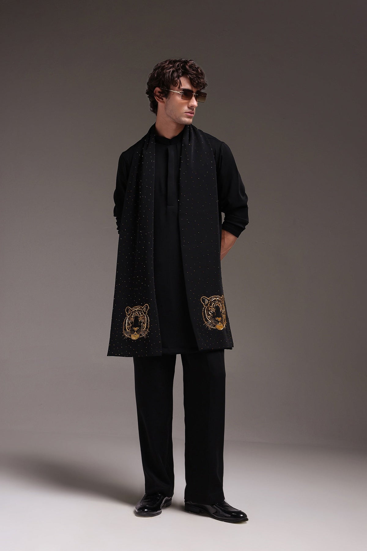 Tiger - Hand Embroidered Designer Shawl - Black