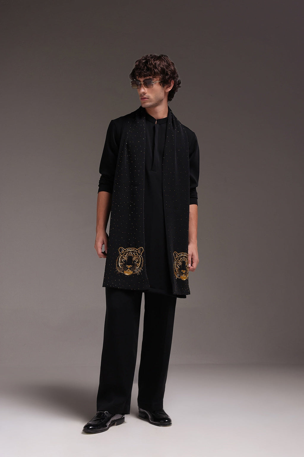 Tiger - Hand Embroidered Designer Shawl - Black