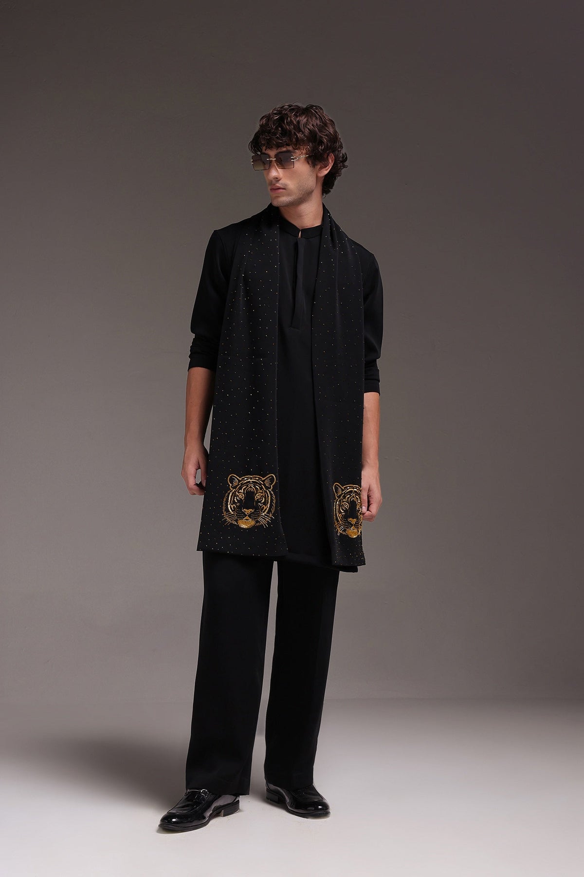 Tiger - Hand Embroidered Designer Shawl - Black