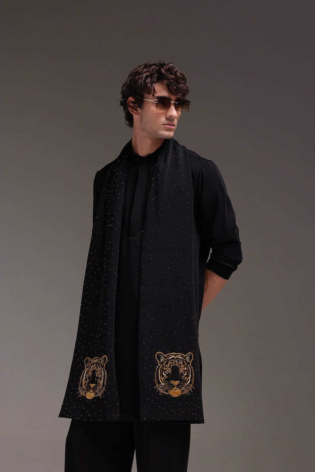 Tiger - Hand Embroidered Designer Shawl - Black