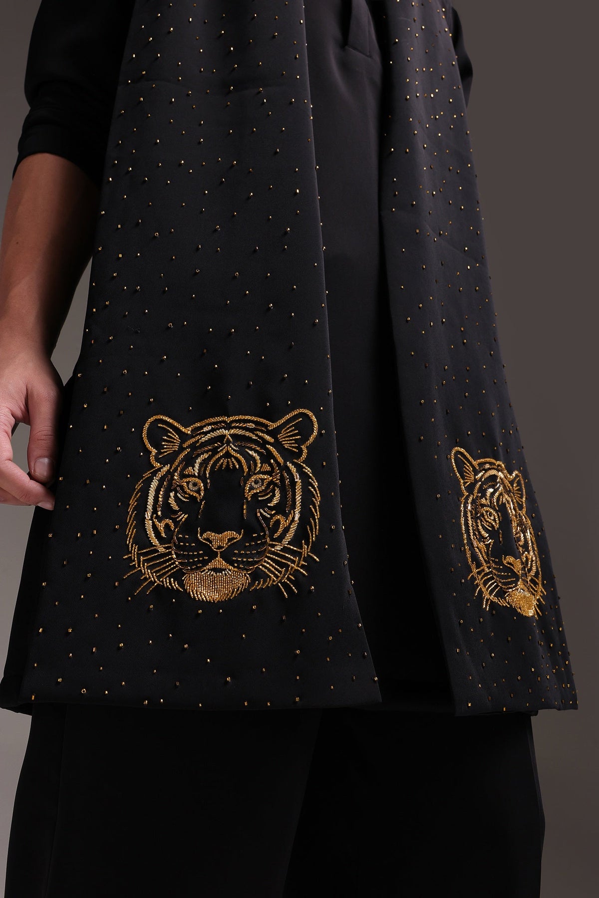 Tiger - Hand Embroidered Designer Shawl - Black