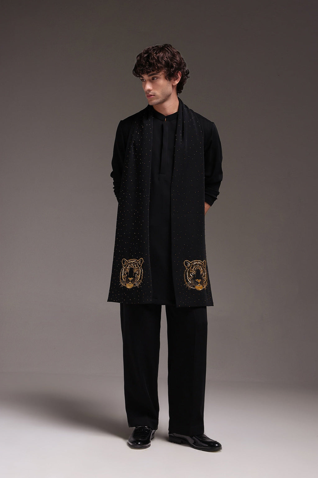 Tiger - Hand Embroidered Designer Shawl - Black
