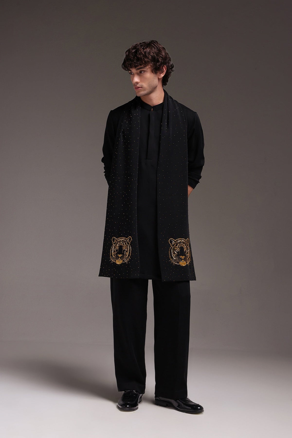 Tiger - Hand Embroidered Designer Shawl - Black