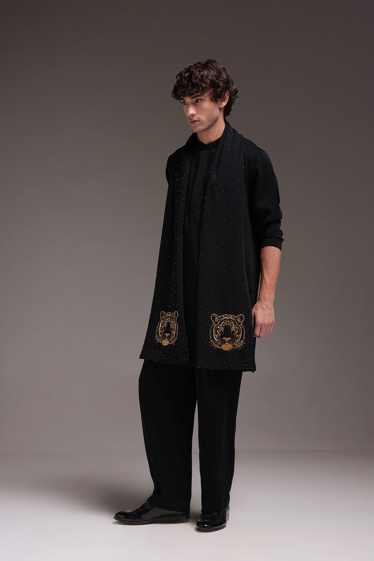 Tiger - Hand Embroidered Designer Shawl - Black