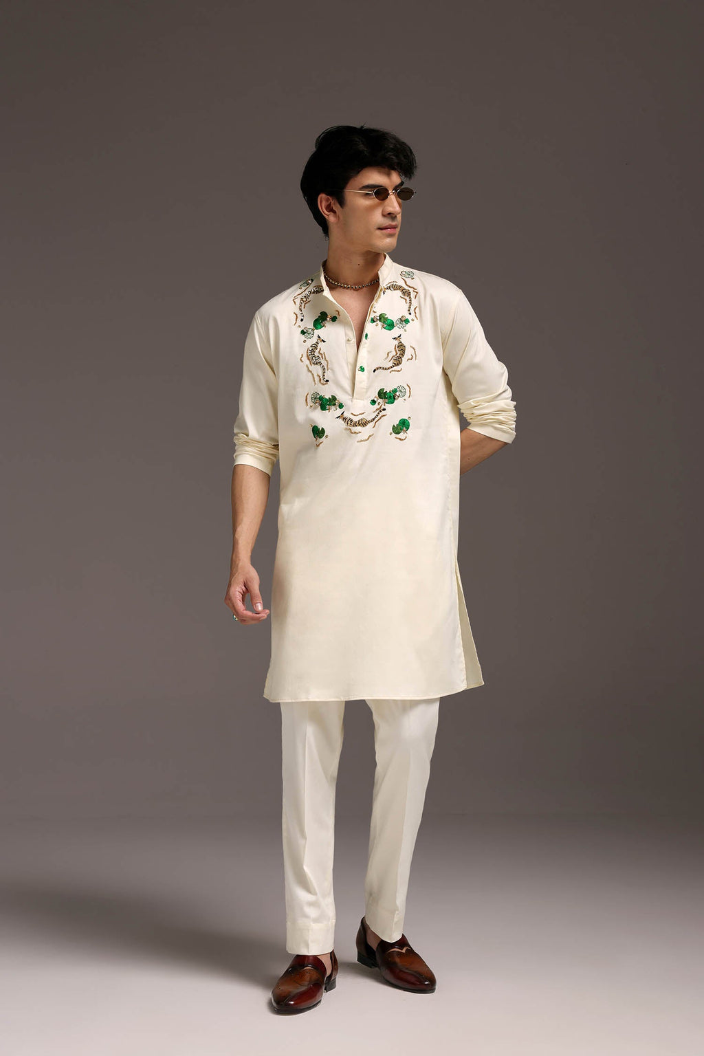 Natant Tiger - Hand Embroidered Designer Kurta - Ivory