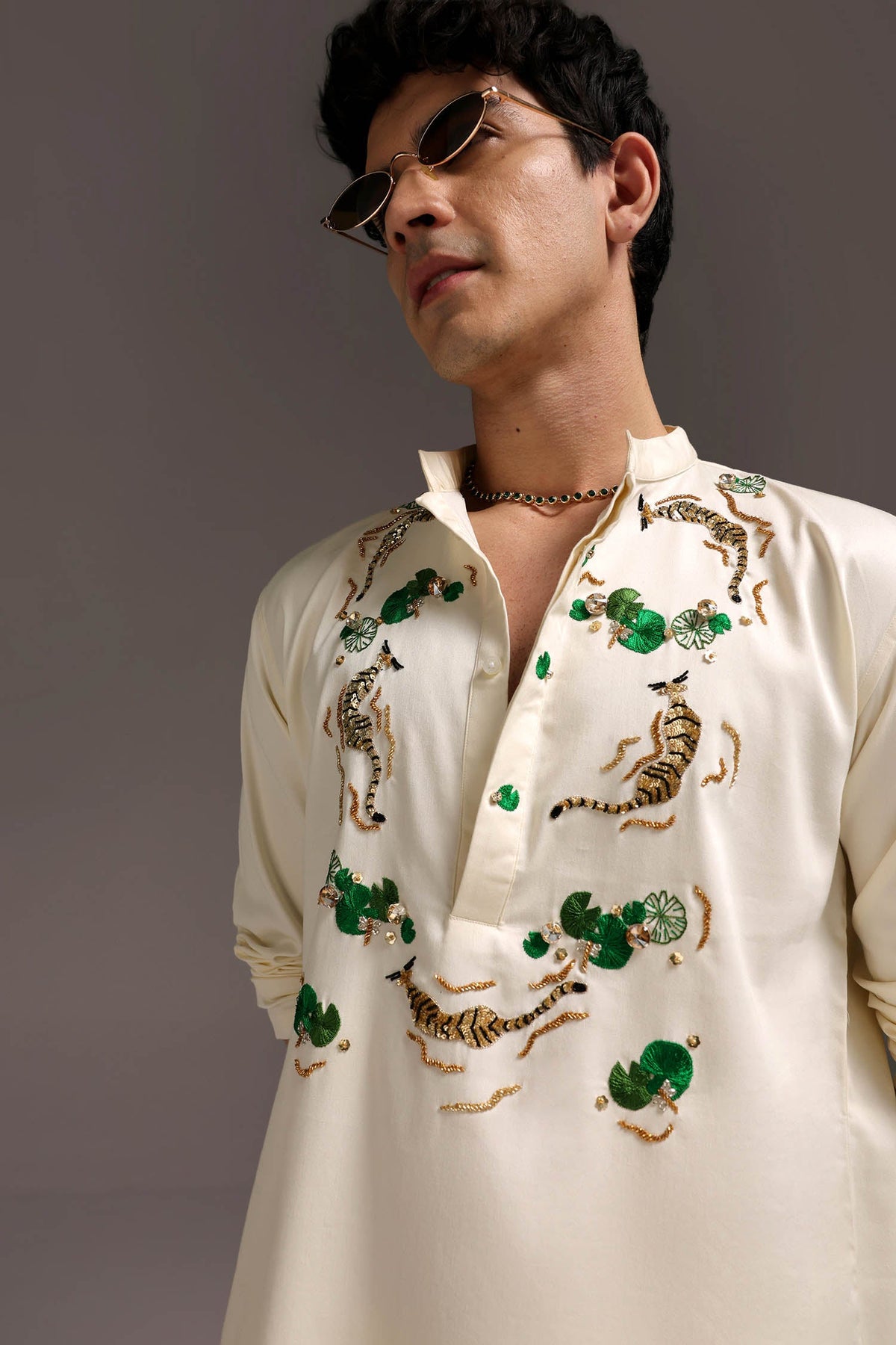 Natant Tiger - Hand Embroidered Designer Kurta - Ivory