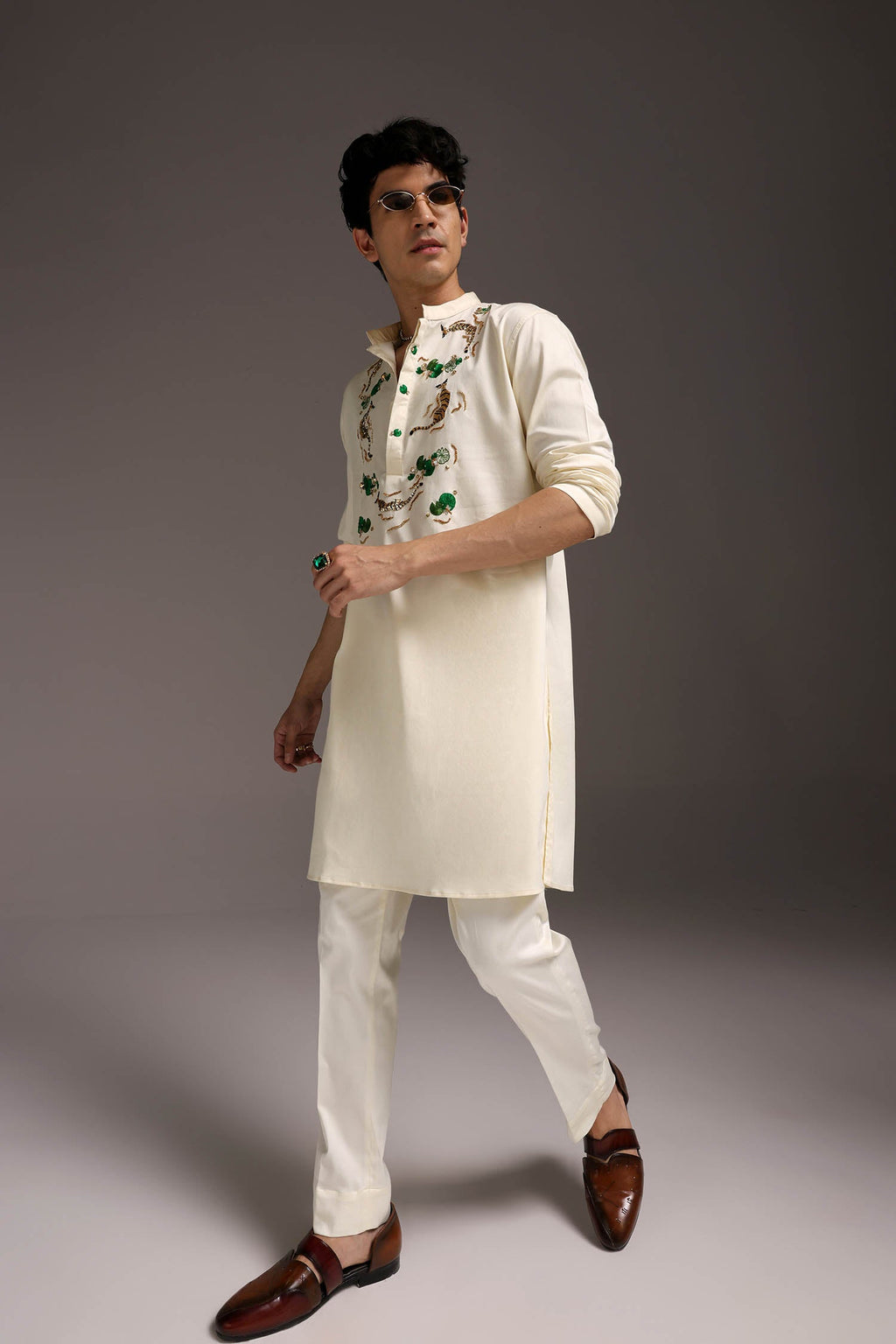Natant Tiger - Hand Embroidered Designer Kurta - Ivory