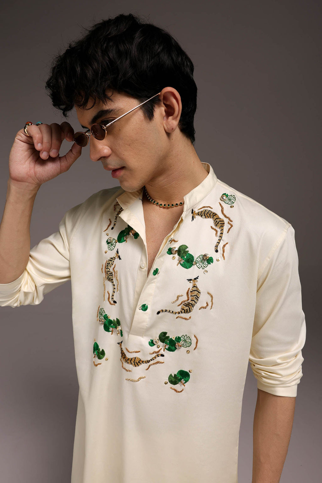 Natant Tiger - Hand Embroidered Designer Kurta - Ivory