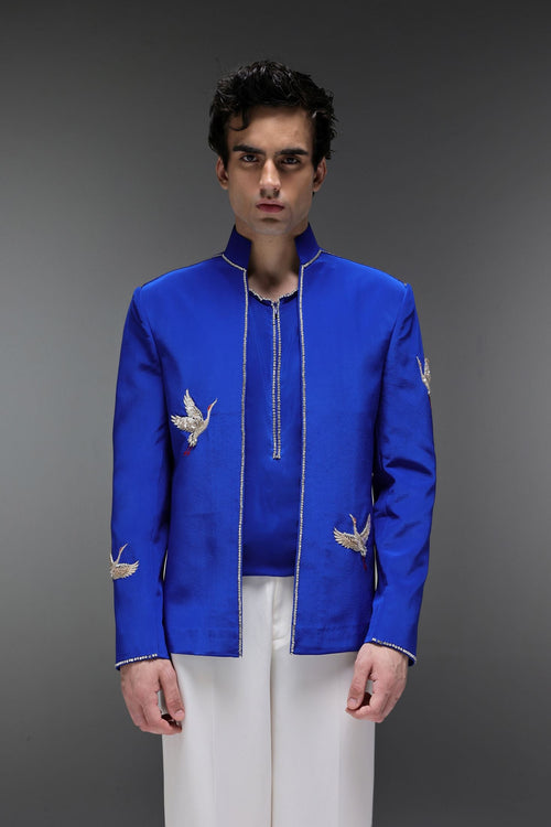 Heron (Bird) - Hand Embroidered Bandhgala - Royal Blue