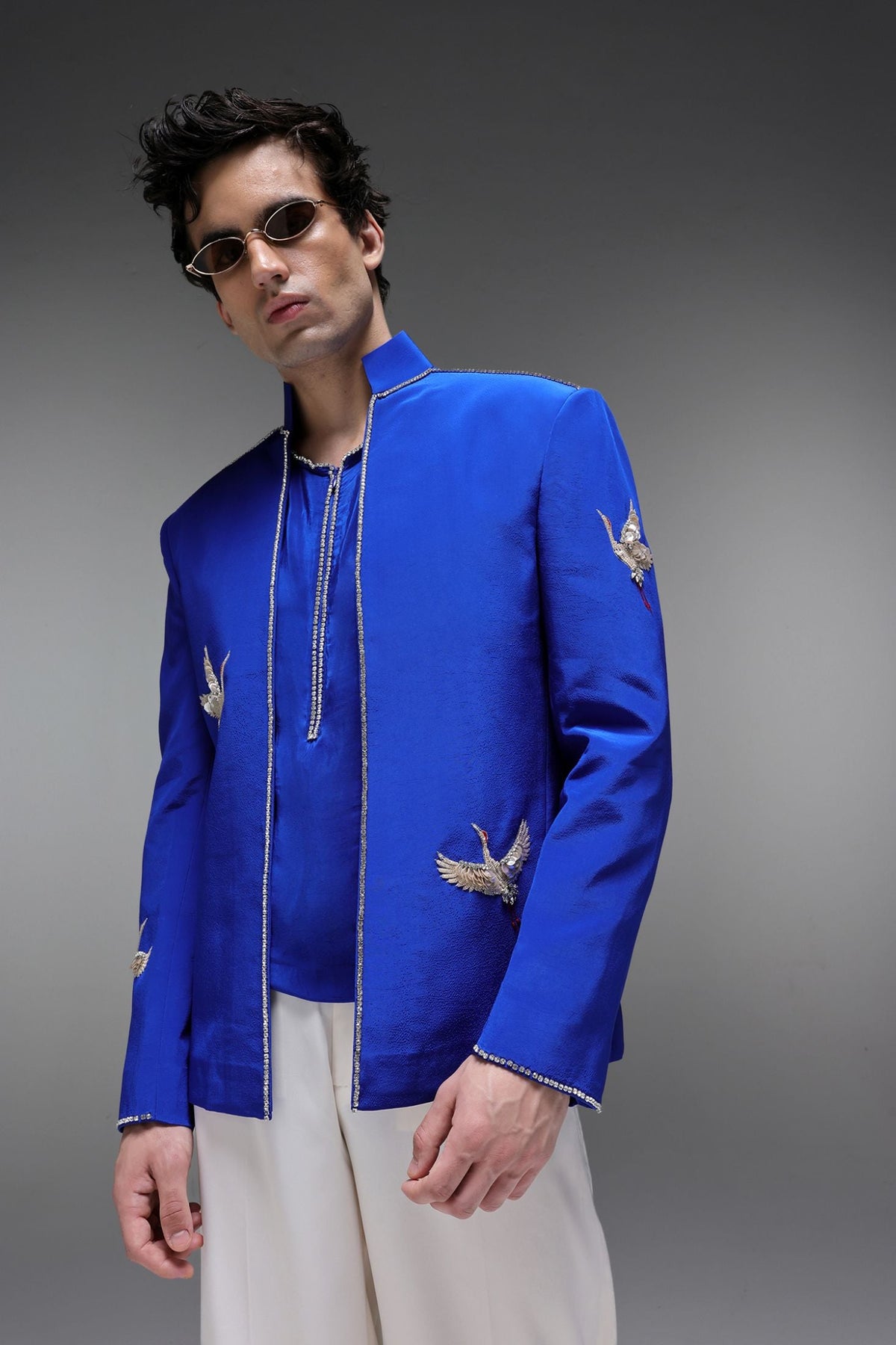 Heron (Bird) - Hand Embroidered Bandhgala - Royal Blue