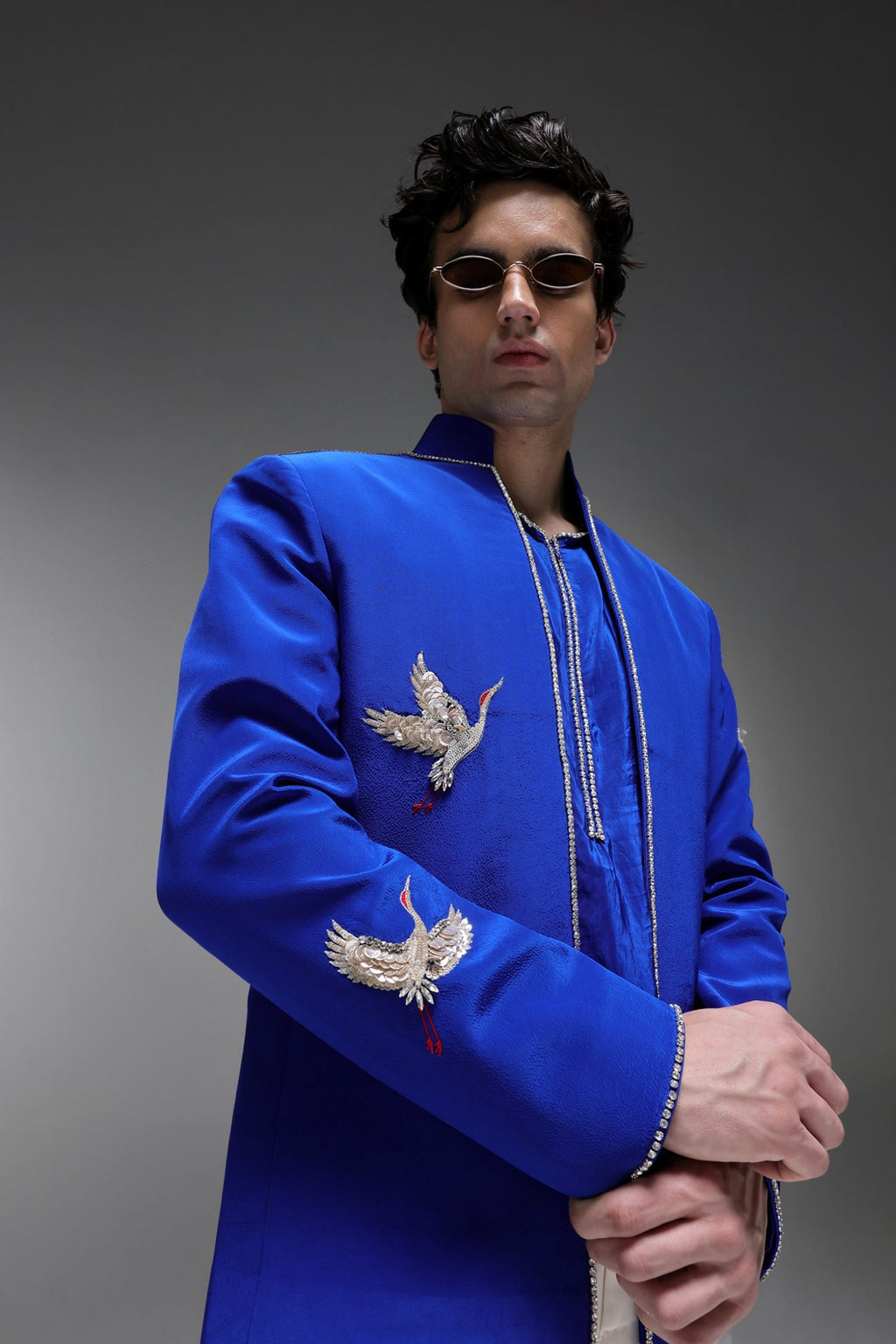 Heron (Bird) - Hand Embroidered Bandhgala - Royal Blue
