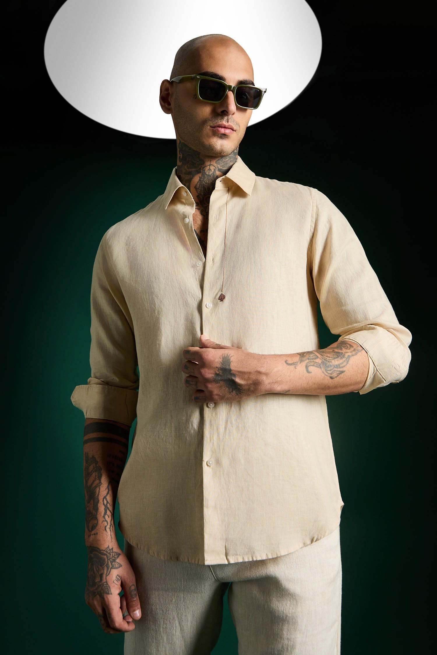 Spade Hand Embroidered Irish Linen Shirt - Beige