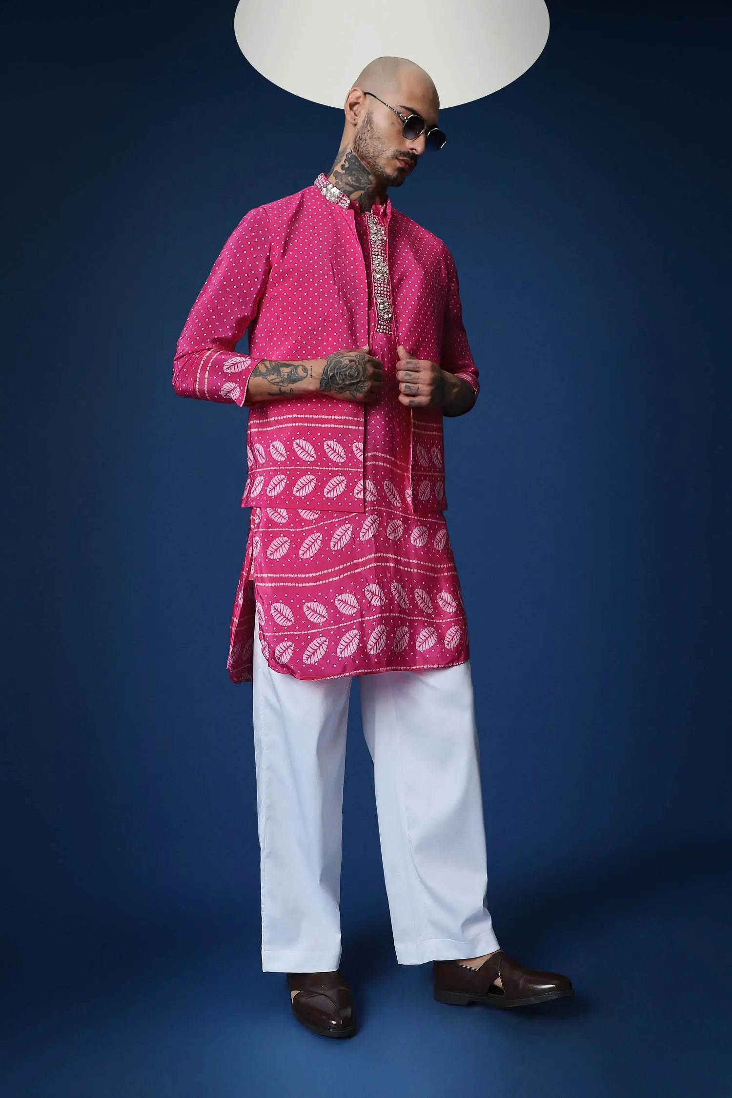 Rai Bandhani Hand Embroidered Bundi Set - Pink