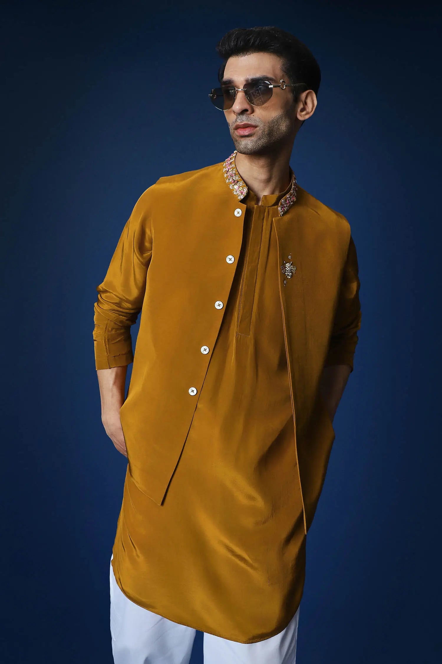 Groom Squad Hand Embroidered Crepe Bundi Set - Mustard