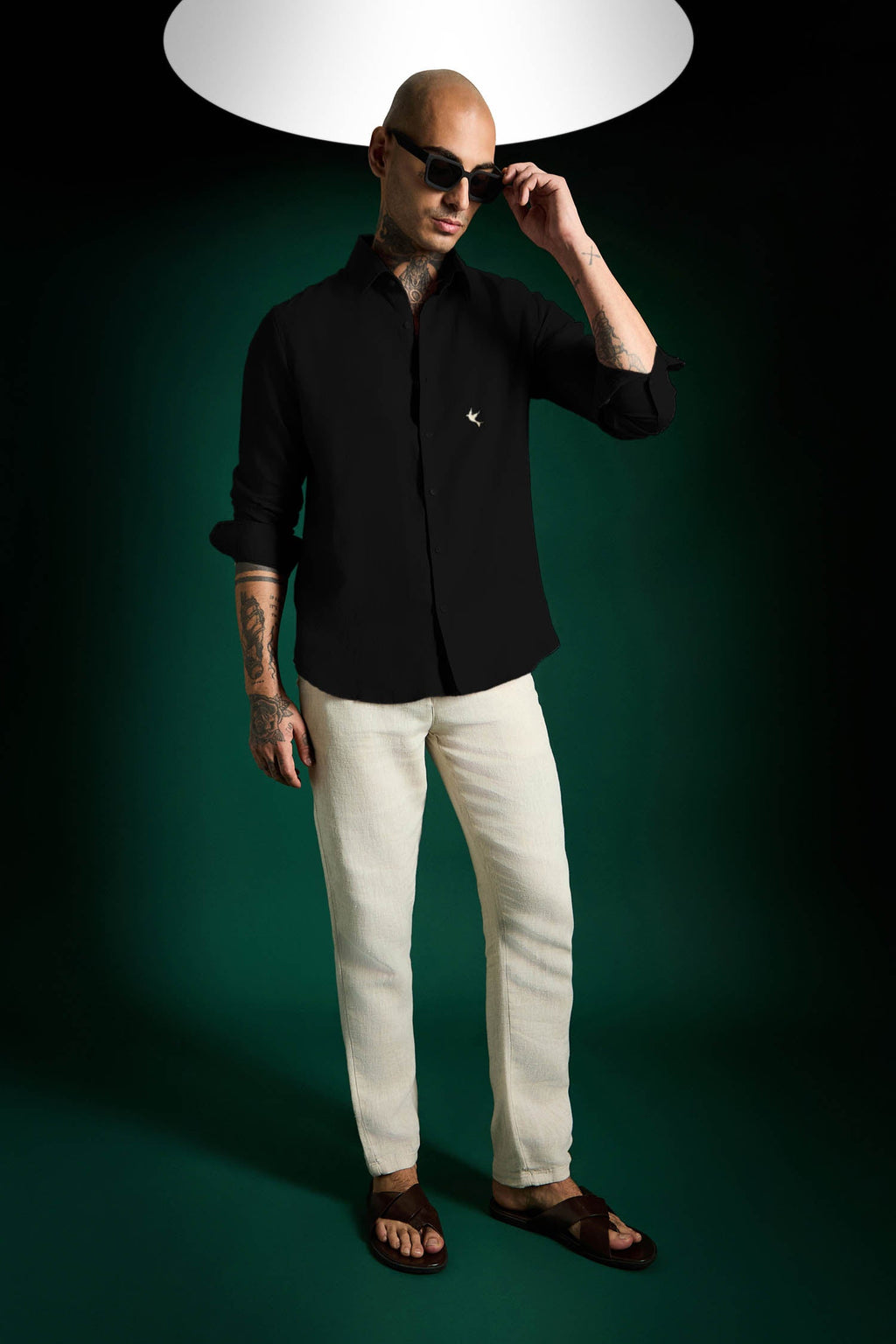 Bird Hand Embroidered Irish Linen Shirt - Black