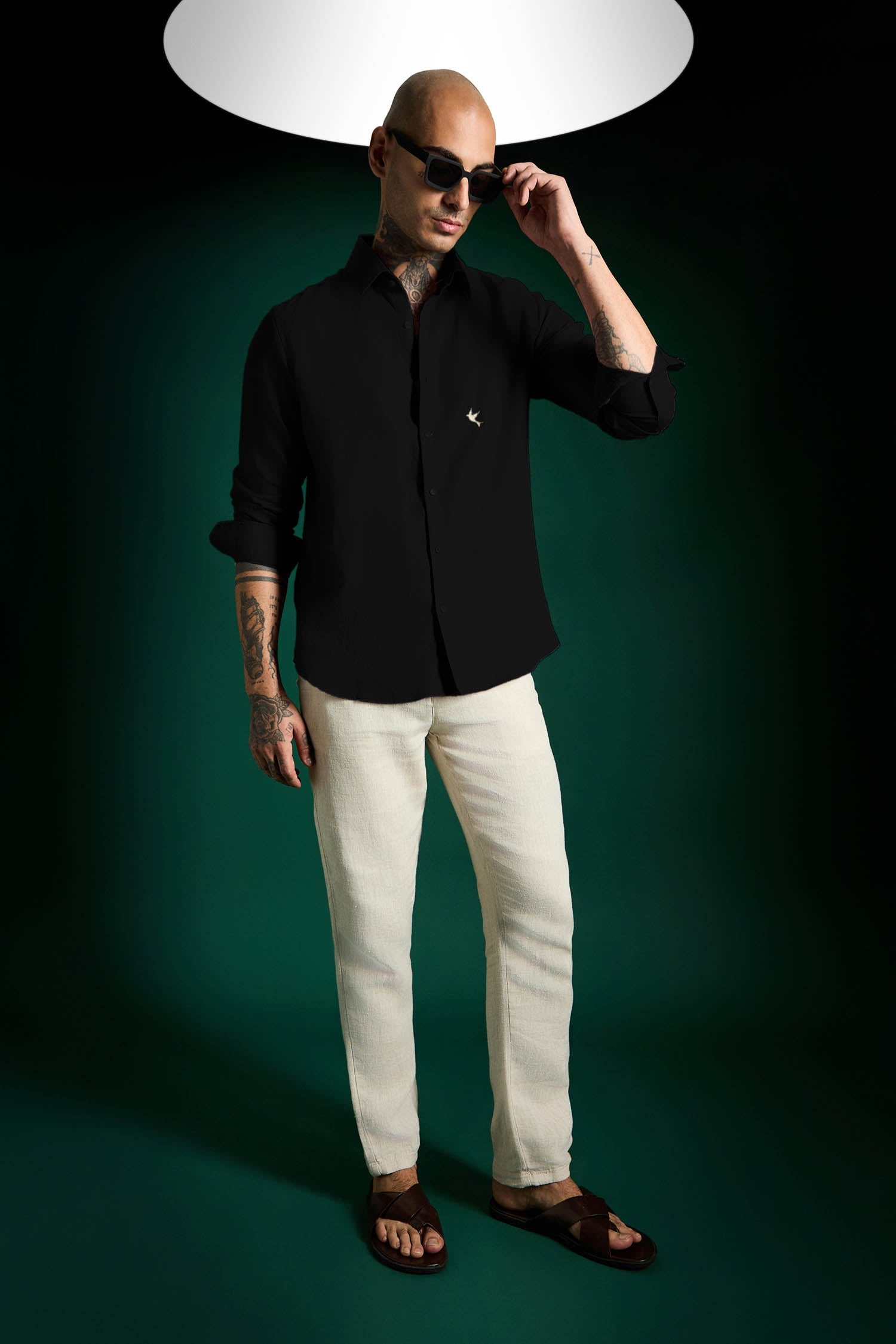 Bird Hand Embroidered Irish Linen Shirt - Black