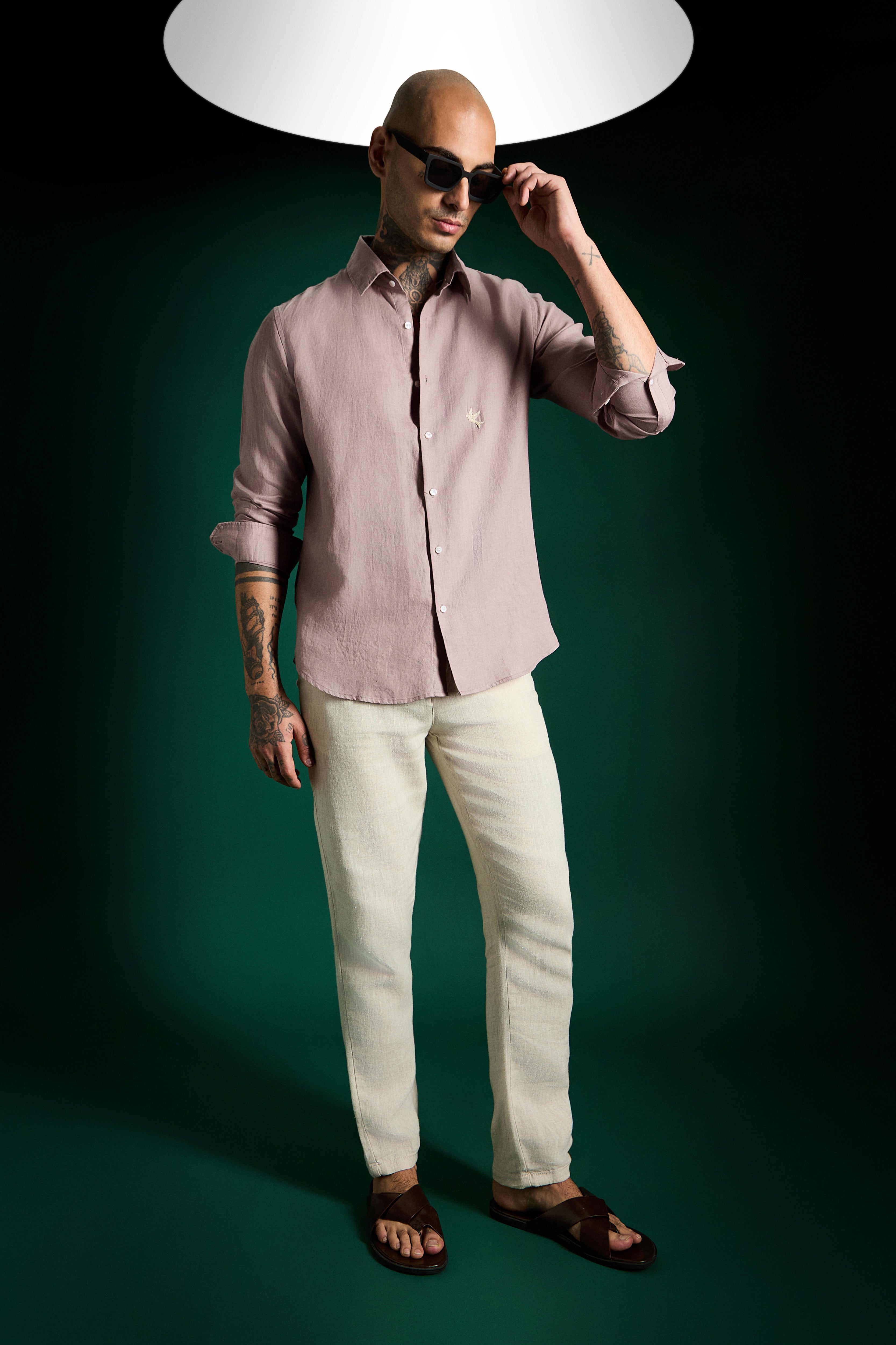 Bird Hand Embroidered Irish Linen Shirt - Dusky Pink