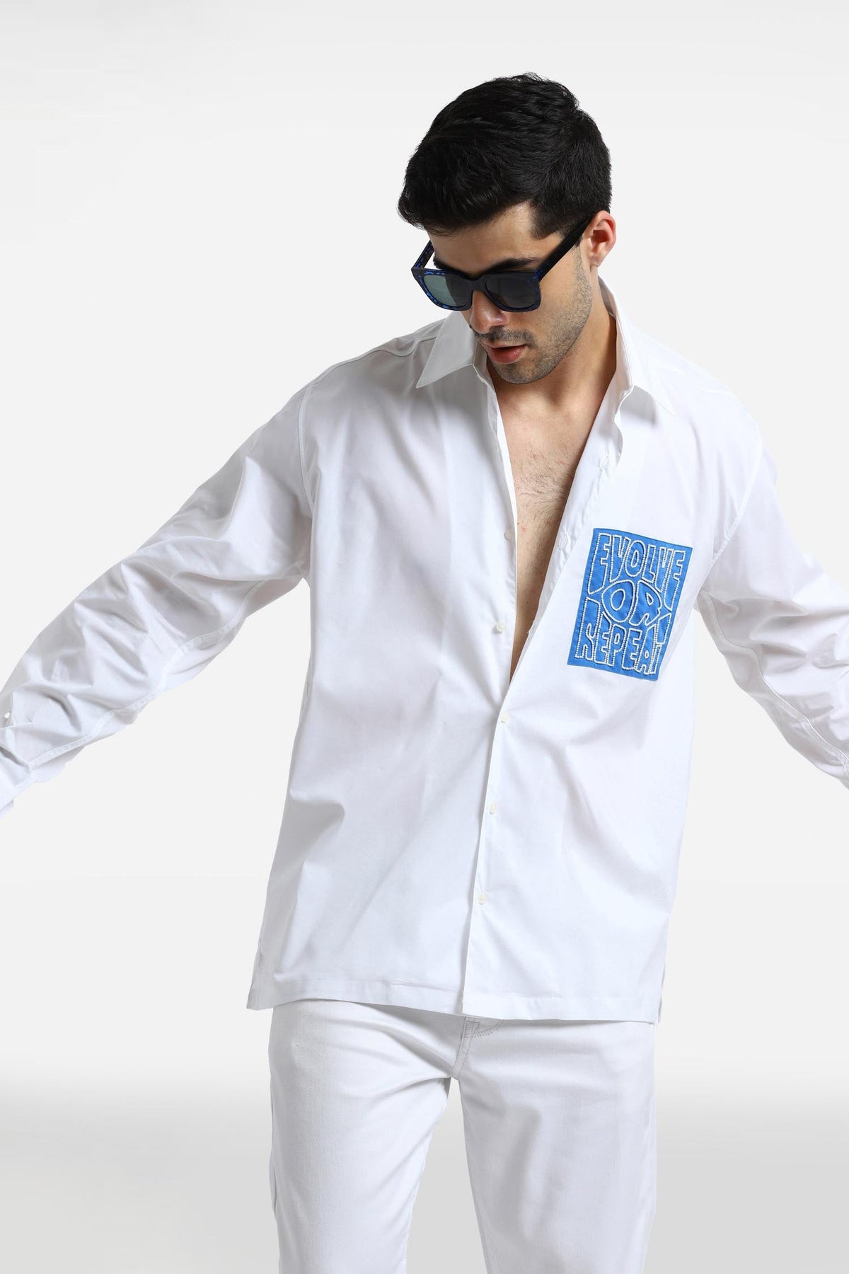 Evolve or Repeat - Hand Embroidered Oversized Designer Shirt  - White with blue