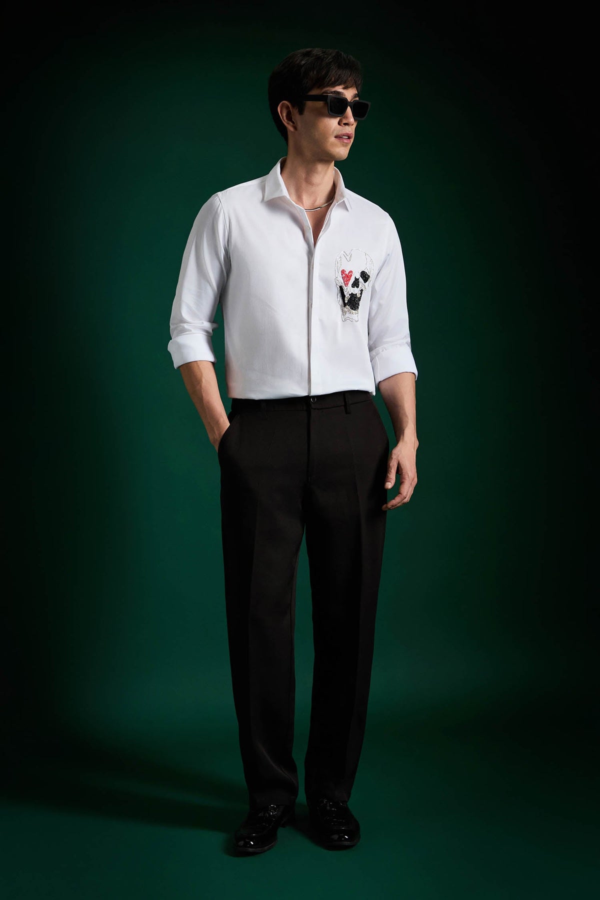 Heart Skull - Hand Embroidered Designer Shirt - White