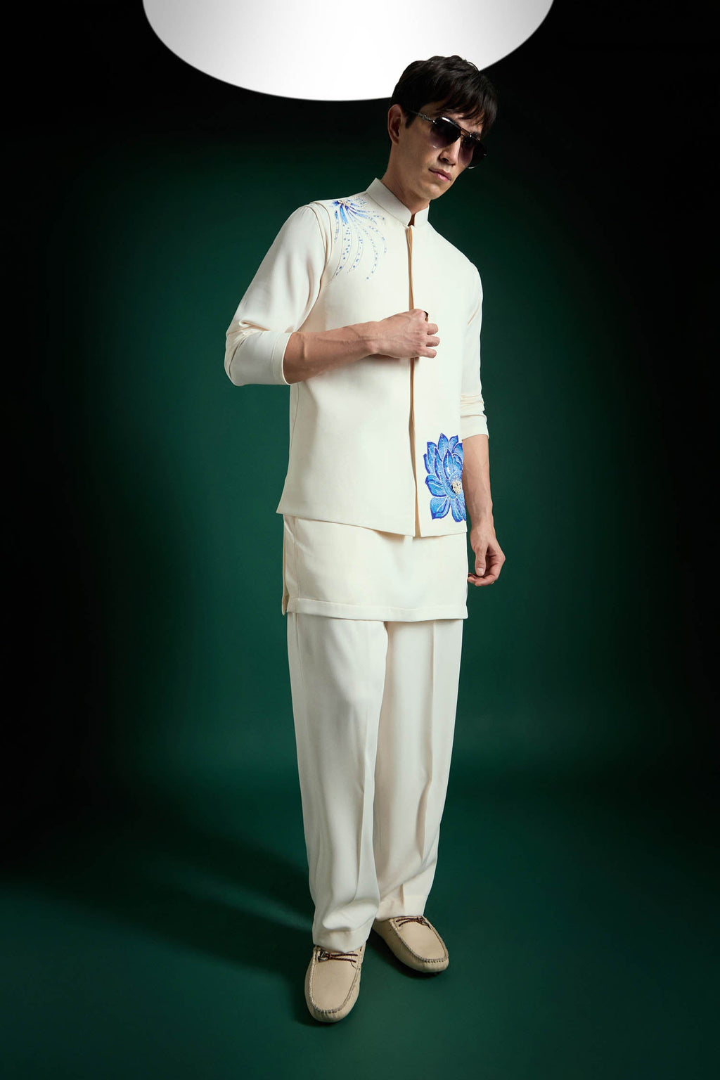 Aquatic Bloom(Flower) Hand Embroidered Designer Bundi Set - Ivory