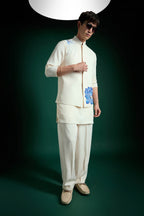 Aquatic Bloom(Flower) Hand Embroidered Designer Bundi Set - Ivory