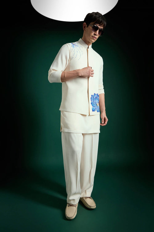 Aquatic Bloom(Flower) Hand Embroidered Designer Bundi Set - Ivory