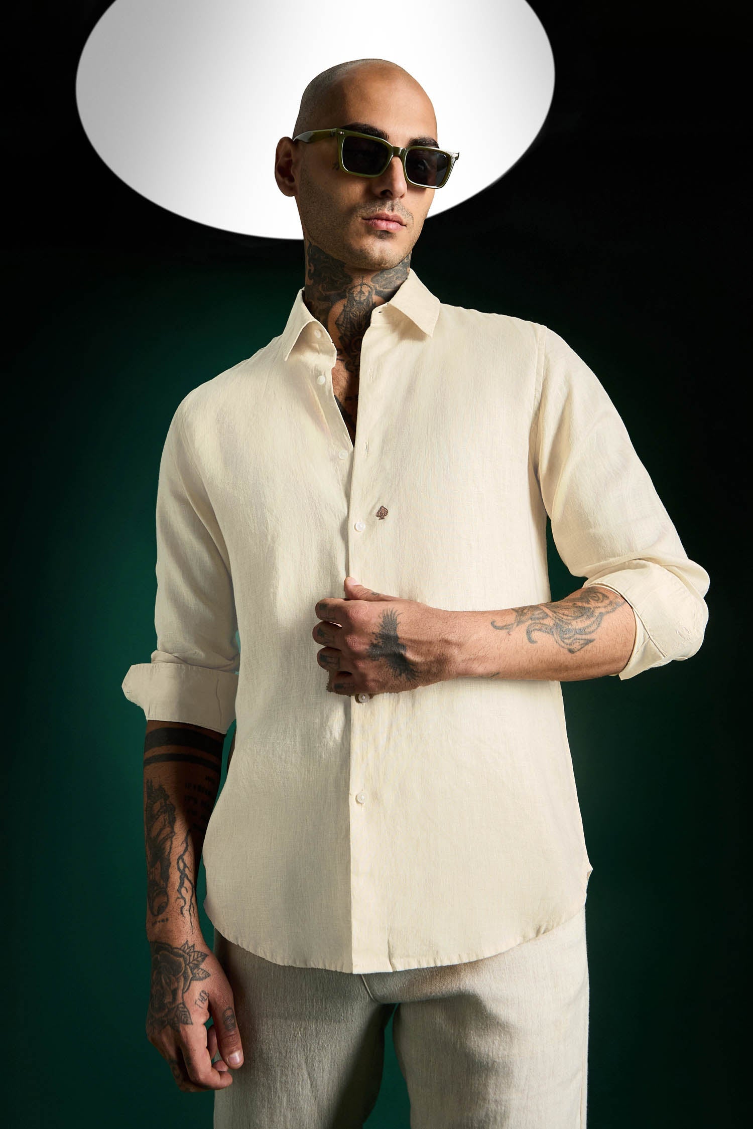 Spade Hand Embroidered Irish Linen Shirt - Ivory