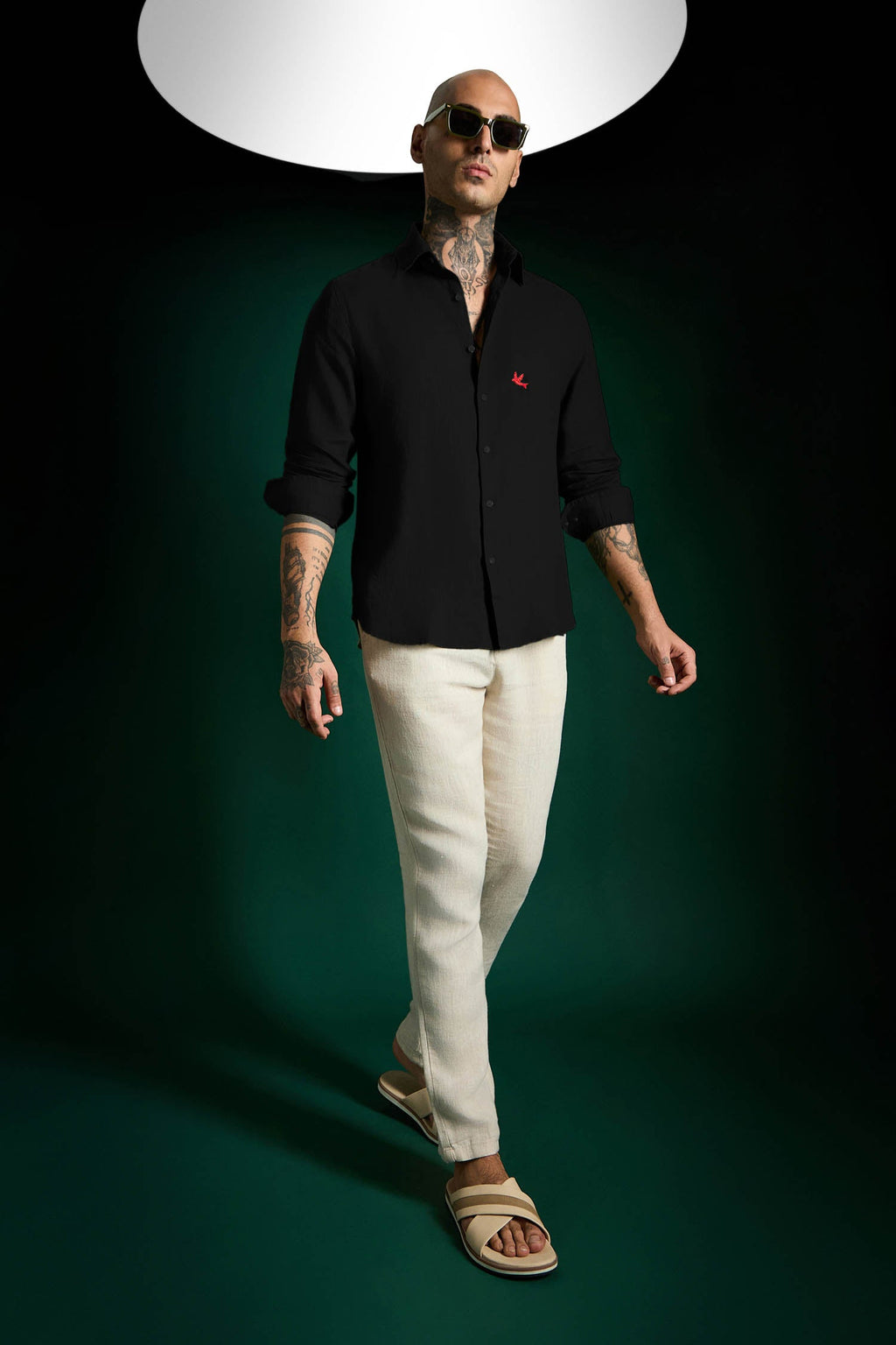 Bird Hand Embroidered Irish Linen Shirt - Black - Red