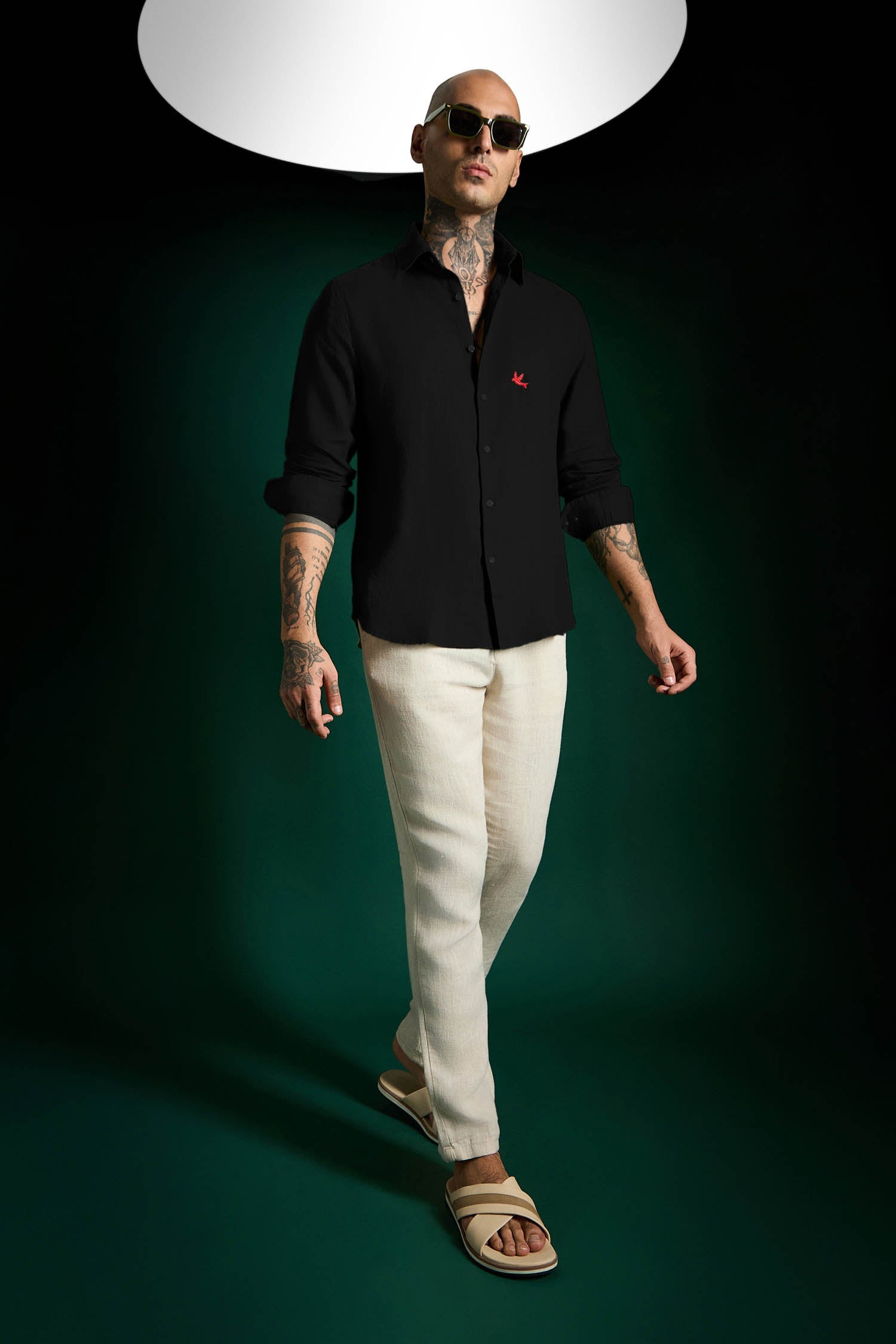 Bird Hand Embroidered Irish Linen Shirt - Black - Red