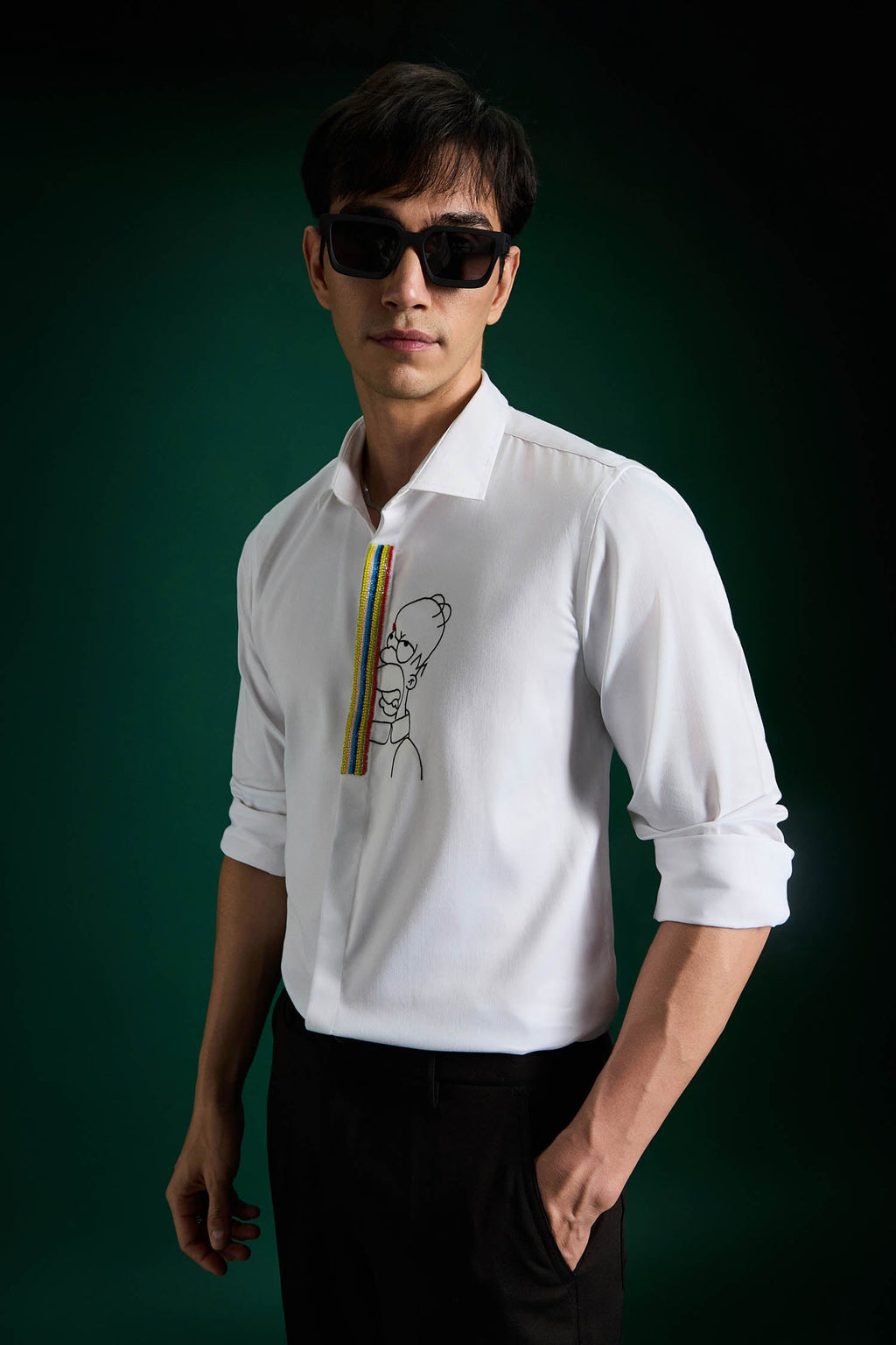 Static Brat Simpson - Hand Embroidered Designer Shirt - White
