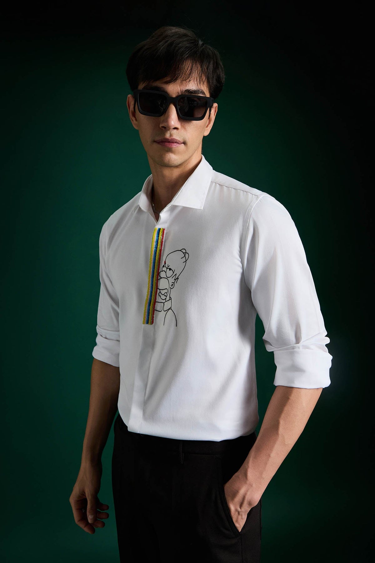 Static Brat Simpson - Hand Embroidered Designer Shirt - White