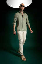 Bird Hand Embroidered Irish Linen Shirt - Olive Green