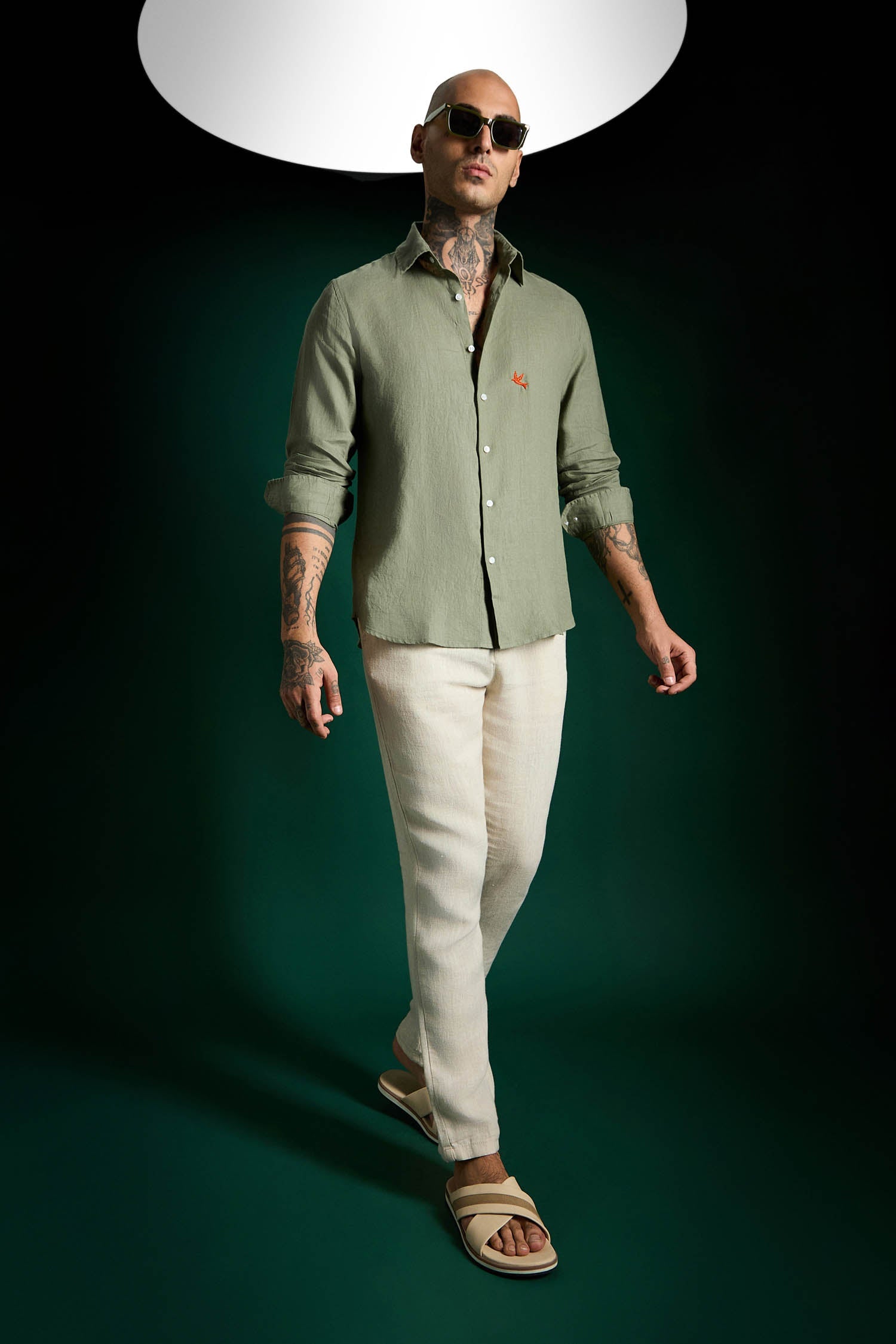 Bird Hand Embroidered Irish Linen Shirt - Olive Green