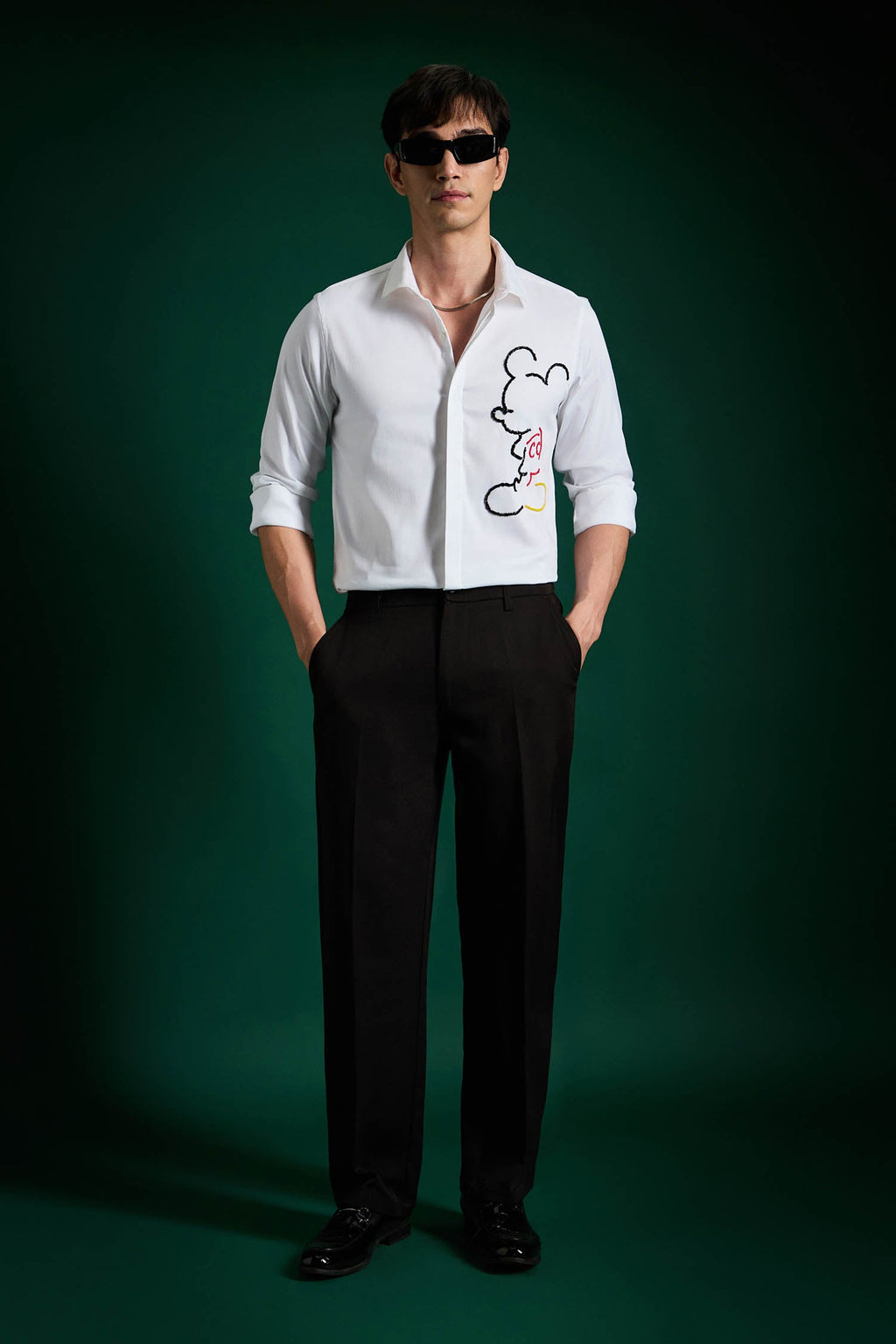 Big Mickey - White Hand Embroidered Designer Shirt - White