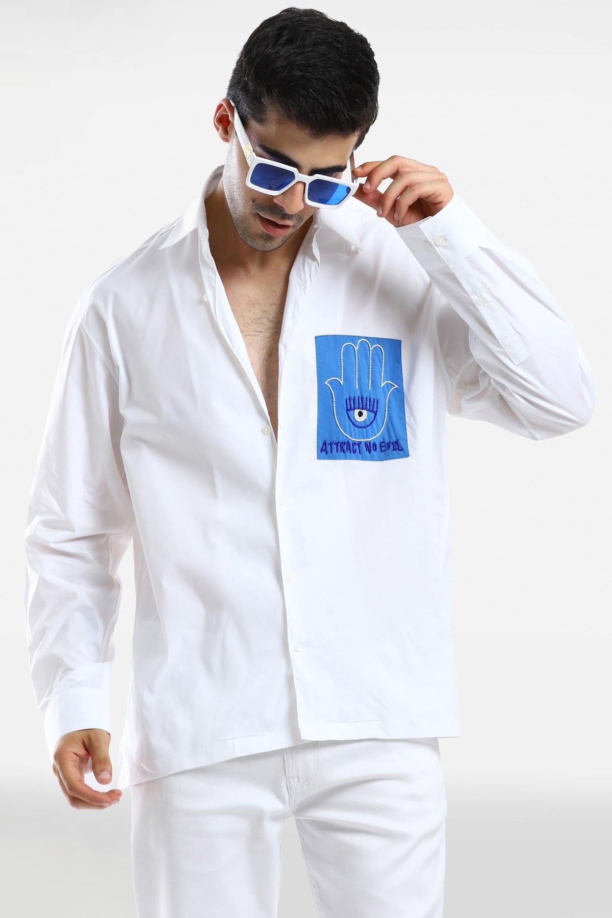 Attract no evil - Hand Embroidered Oversized Designer Shirt - White