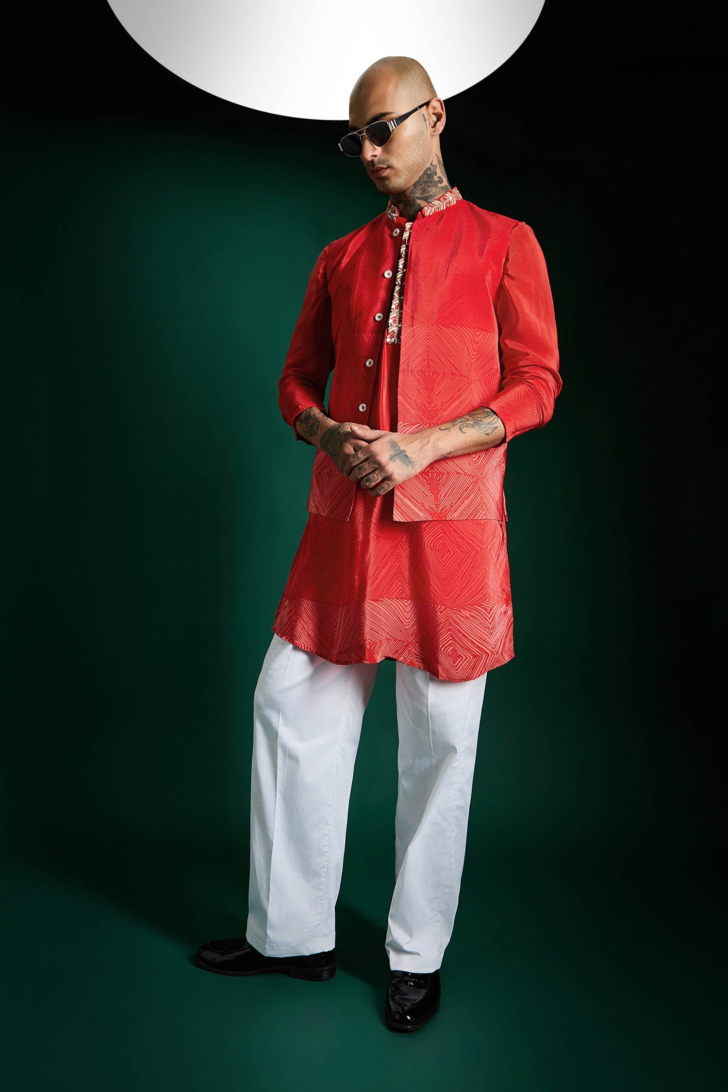 Red Print Hand Embroidered Designer Bundi Set