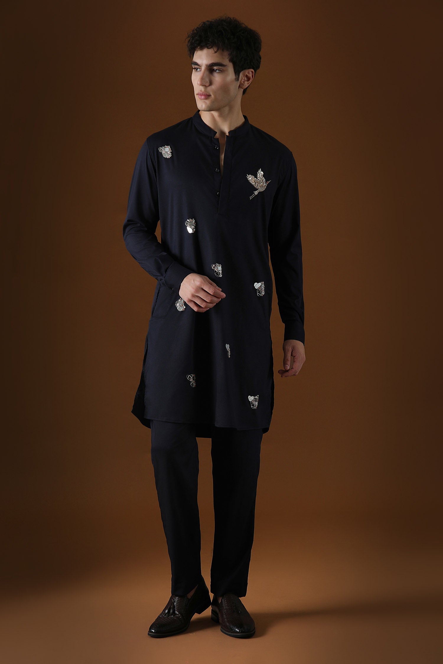 Egret Mirror All Over Hand Embroidered Designer Kurta - Navy