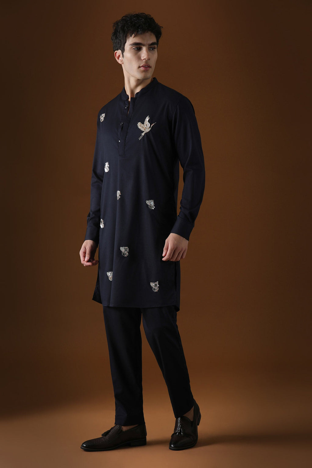 Egret Mirror All Over Hand Embroidered Designer Kurta - Navy