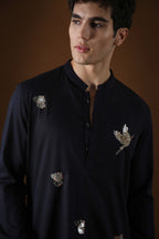 Egret Mirror All Over Hand Embroidered Designer Kurta - Navy