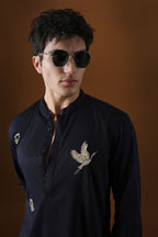 Egret Mirror All Over Hand Embroidered Designer Kurta - Navy