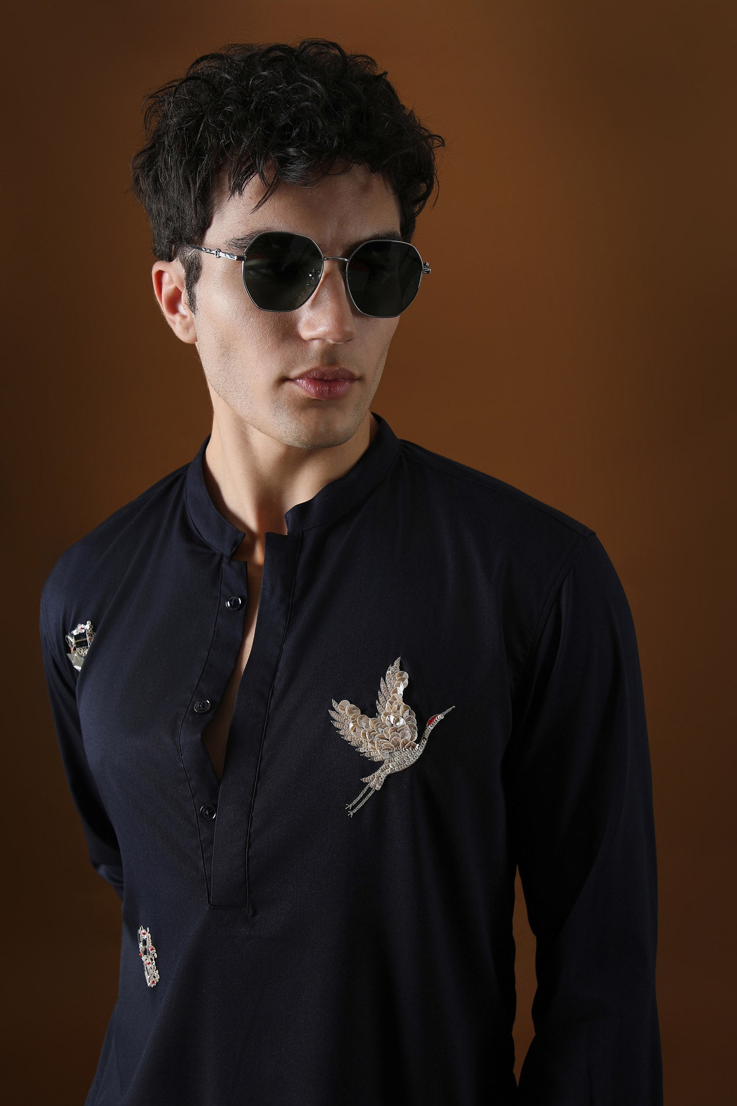 Egret Mirror All Over Hand Embroidered Designer Kurta - Navy
