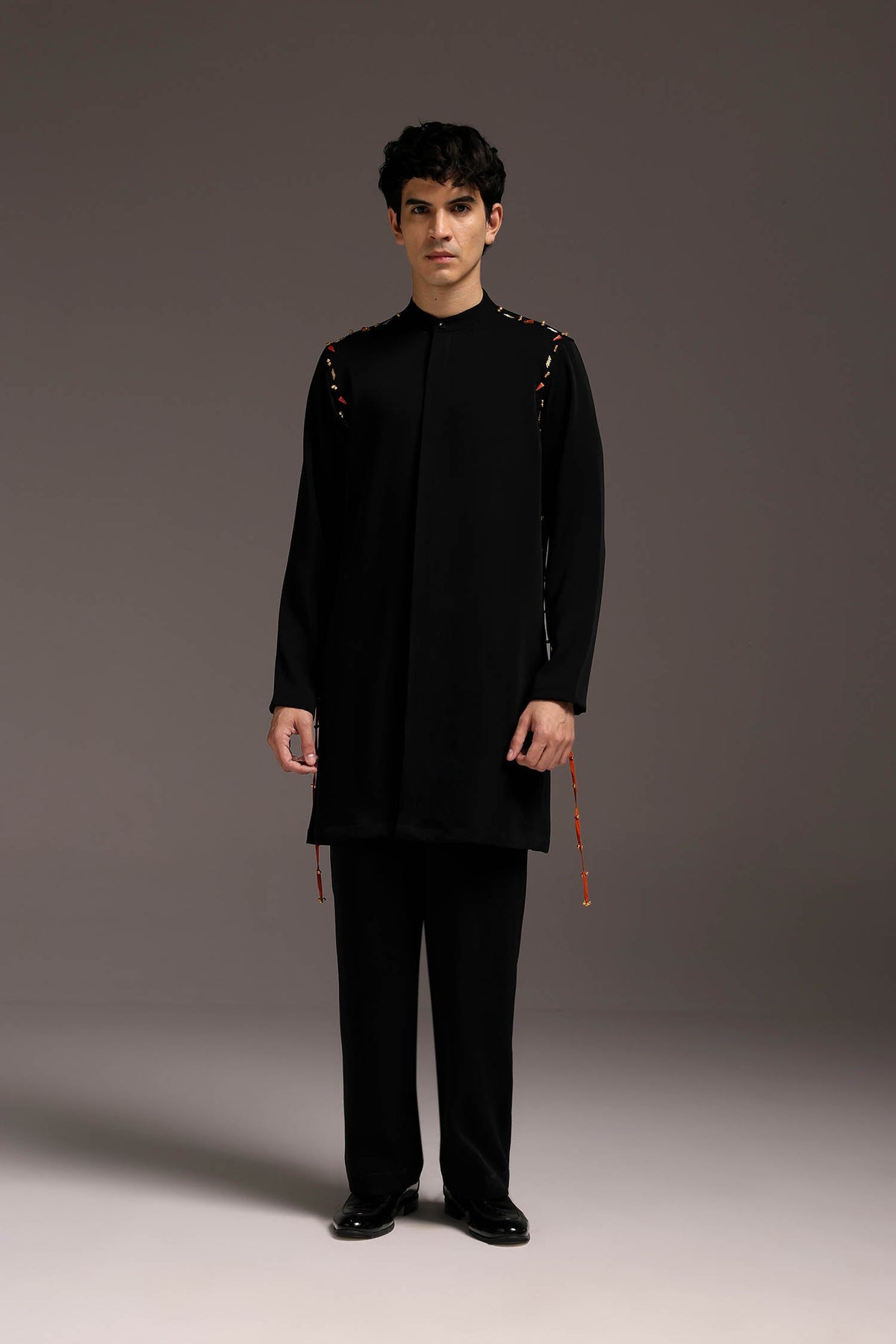 Cord (Ghungroo)- Hand Embroidered Designer Kurta Set - Black